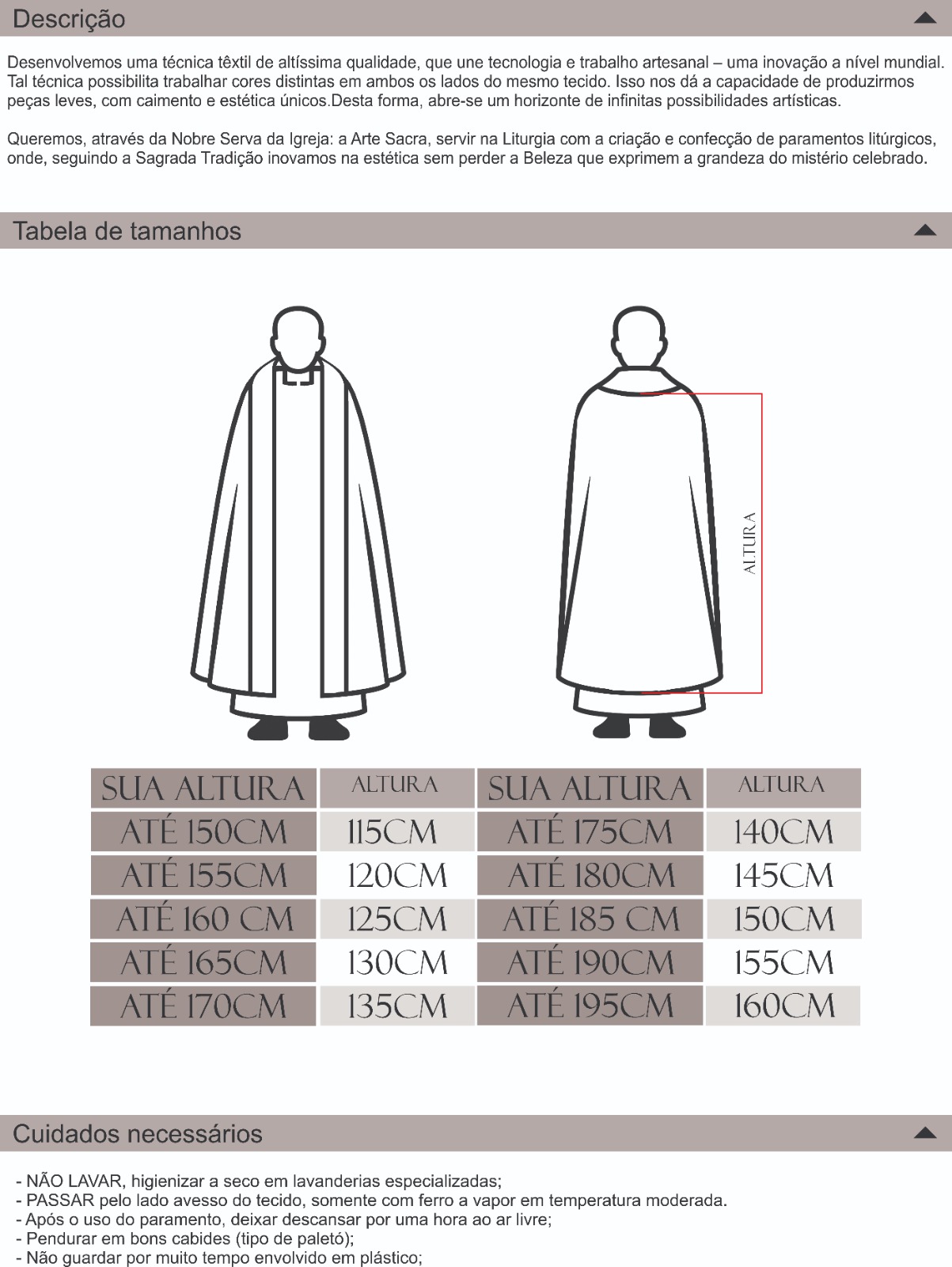Tabela de medidas para Capas e Véu Umeral